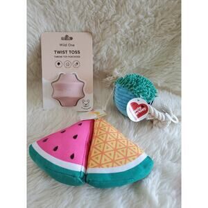 4 Dog Toy Lot Wild One Twist Toss, Rope Squeaky & 2 Melon Squeaky